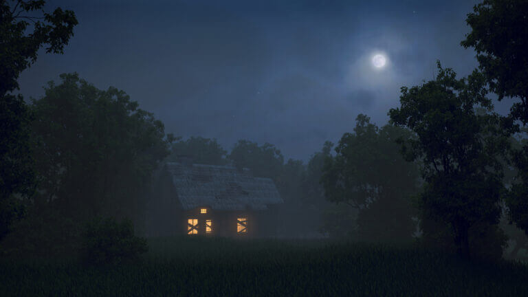 Photo of a cabin in the woods, lush ranks of trees on either side, an opening in front of it something like a yard, but scruffy, landscaped by nature. The cabin has warm yellow light in the windows, but the windows have a couple random boards nailed across. What’s that about? Up in the darkened sky is the hazy moon sugaring the scene with misty light.