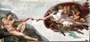 Michelangelo's painting of God creating Adam with a flick of his finger.