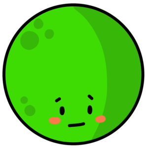 Big round green illustration of a pea with a little face at the bottom, sporting a look of surprise about to turn into laughter.